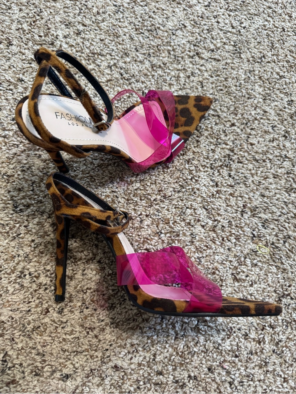 Fashion Nova Leopard Pointed Heels with Hot Pink Clear Straps - Picture 3 of 5